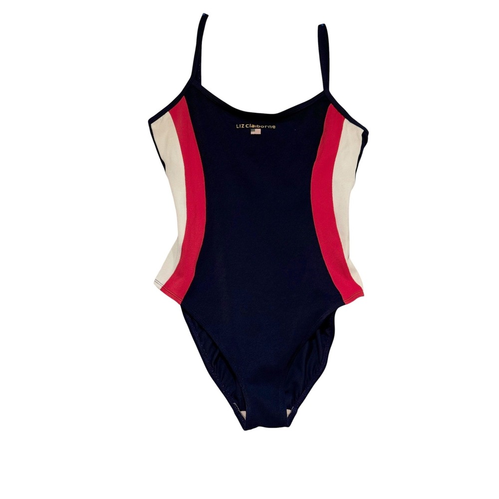 Liz Claiborne Vintage 90s One Piece Swimsuit Sz 10 Colorblock Americana USA Flag